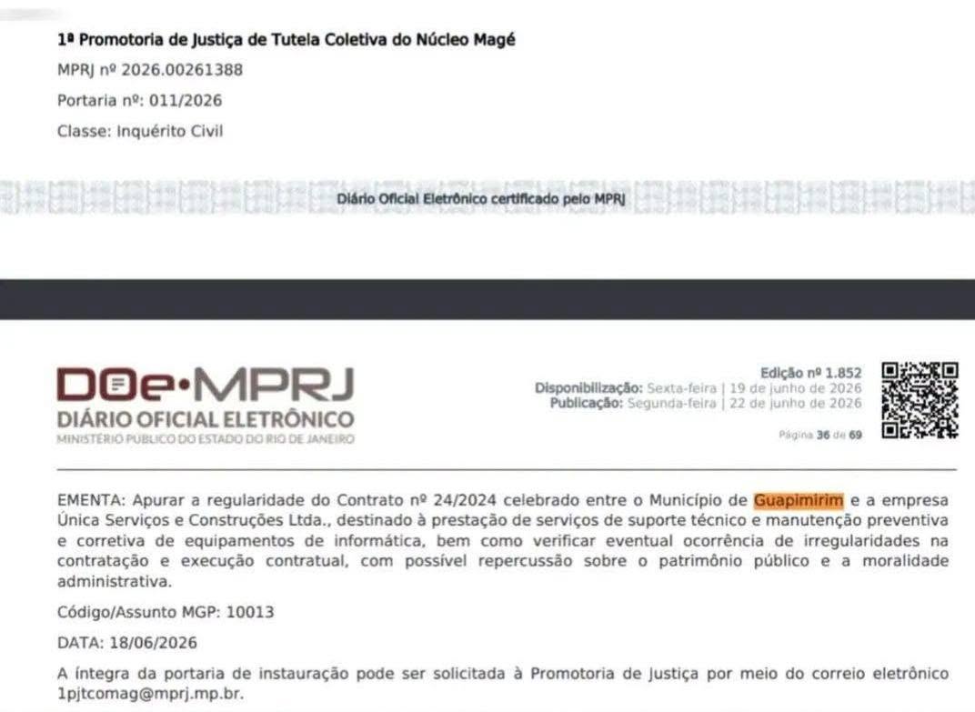 MPRJ instaura inquérito para apurar contrato de R$ 3,9 milhões da Prefeitura de Guapimirim na área de TI